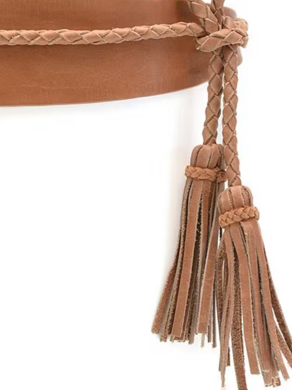 Leather Braided Tassel Wrap Belt in Camel Brown. One Size - Picture 4 of 4